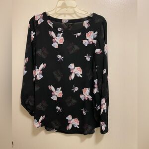 Banana Republic Womems Top Blouse S 38” Sheer Black Pink Floral Long Sleeve